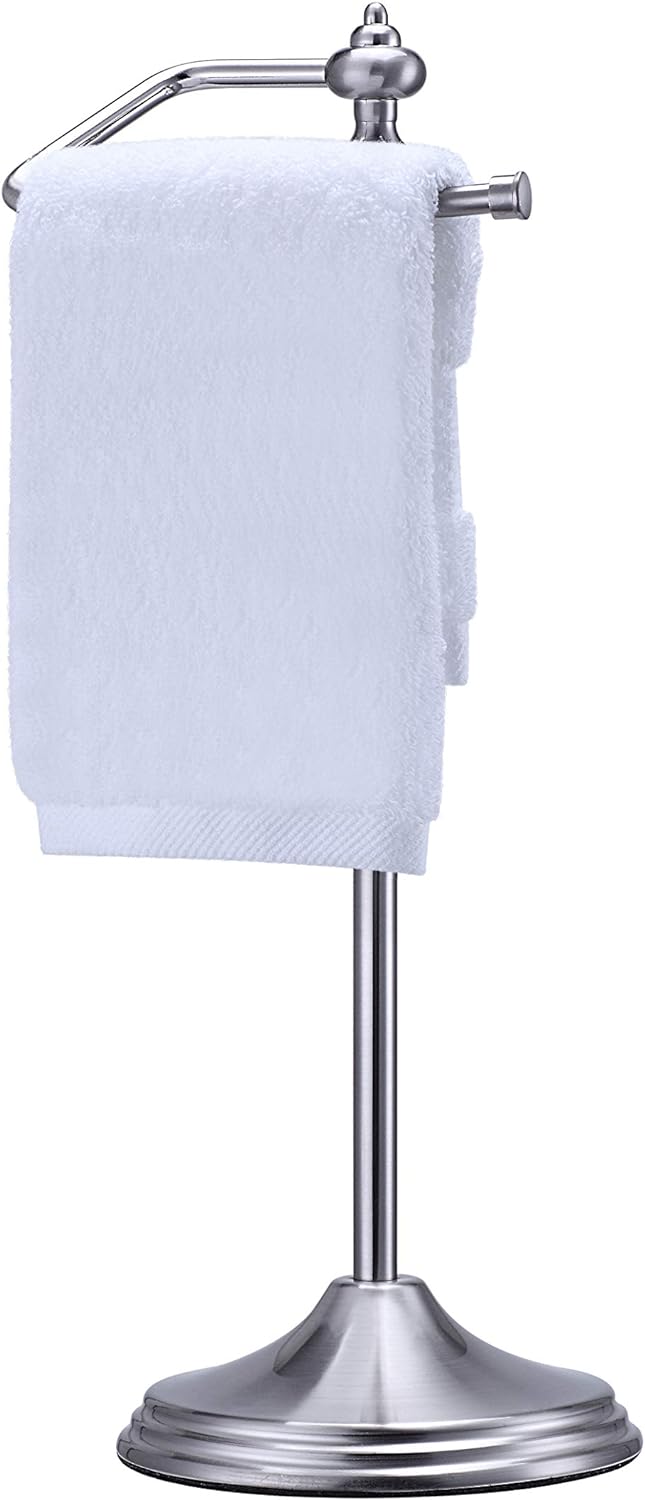 SunnyPoint Heavy Weight Classic Decorative Metal Fingertip Towel Holder Stand for Bathroom, Kitchen, Vanity and Countertops; Hanging Bar is 14.2 Height (Satin Nickel, 15.6 x 5.6 x 5.6)