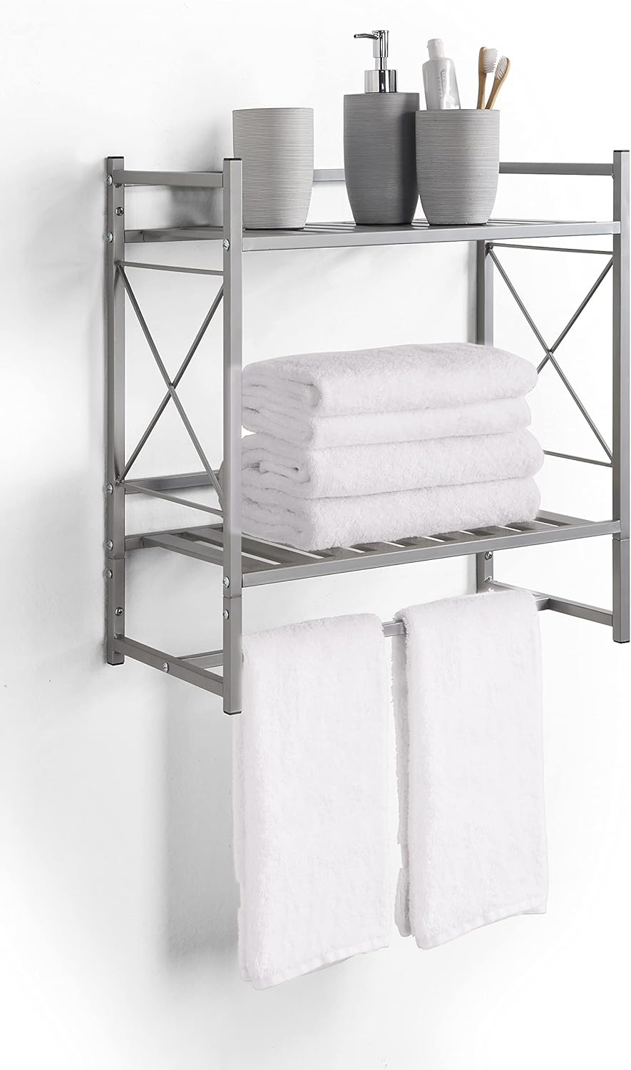 SunnyPoint Classic Square Bathroom Shelf, 2 Tier Shelf with Towel Bar Wall Mounted Shower Storage (Classic - Wall Mount - Silver)