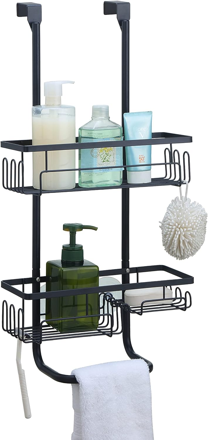 SunnyPoint Classic Metal Bathroom Shower Caddy, Over Door Hanging Storage Organizer Basket (Standard, Black)