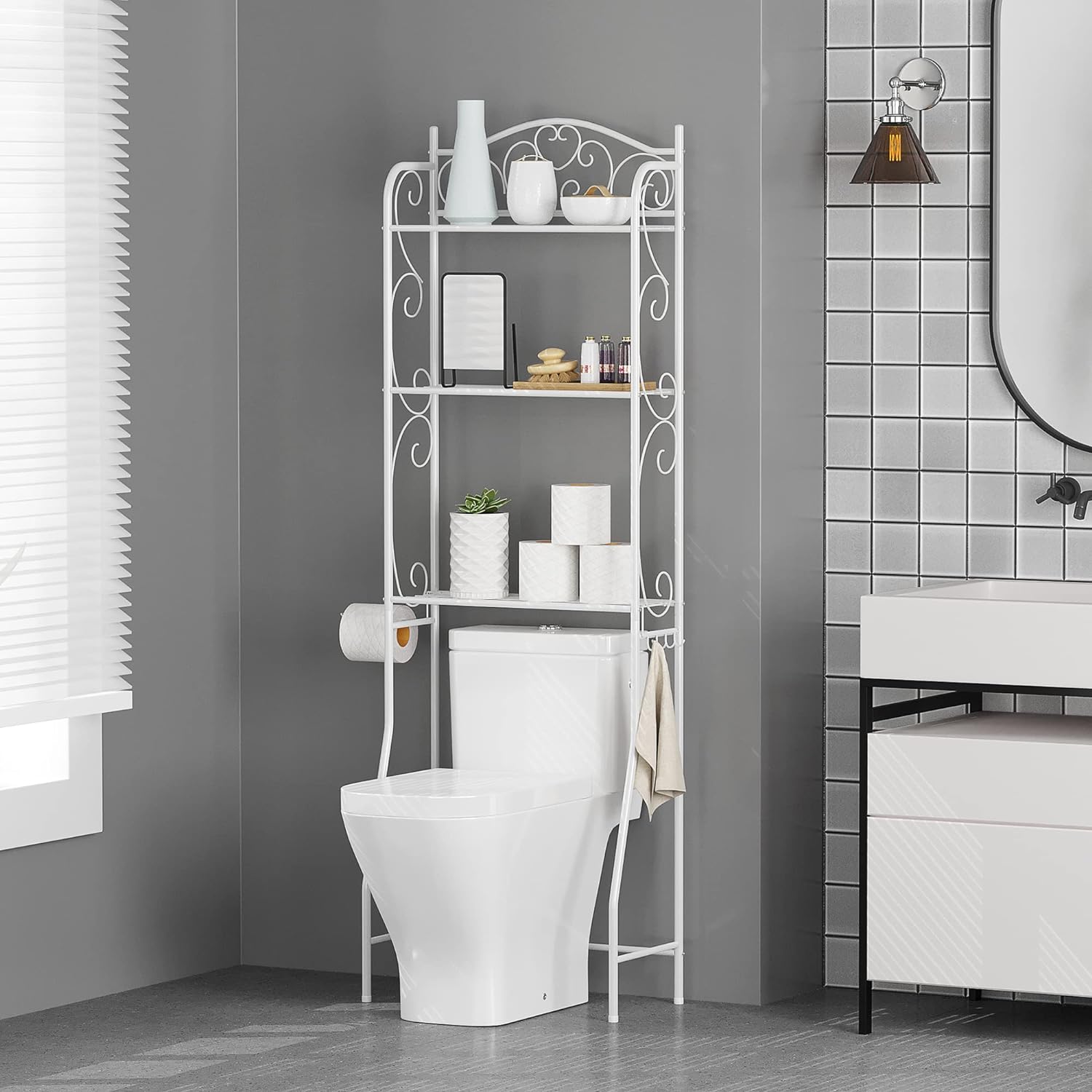 HOME BI Over The Toilet Storage,3-Tier Bathroom Storage Rack, Space Saver,Freestanding Above Toilet Rack with Hooks and Toilet Paper Rack (White)