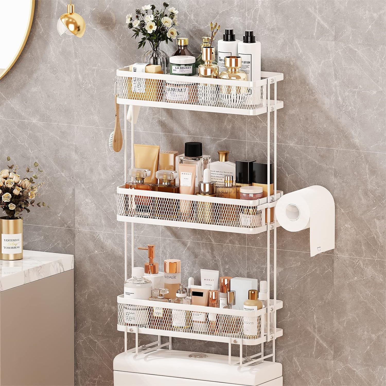 Over Toilet Bathroom Organizer, Over The Toilet Storage Shelf,Behind Toilet Shelf Rack,Above Toilet Storage, Back of Toilet Organizer,3 Tier Metal White Medium