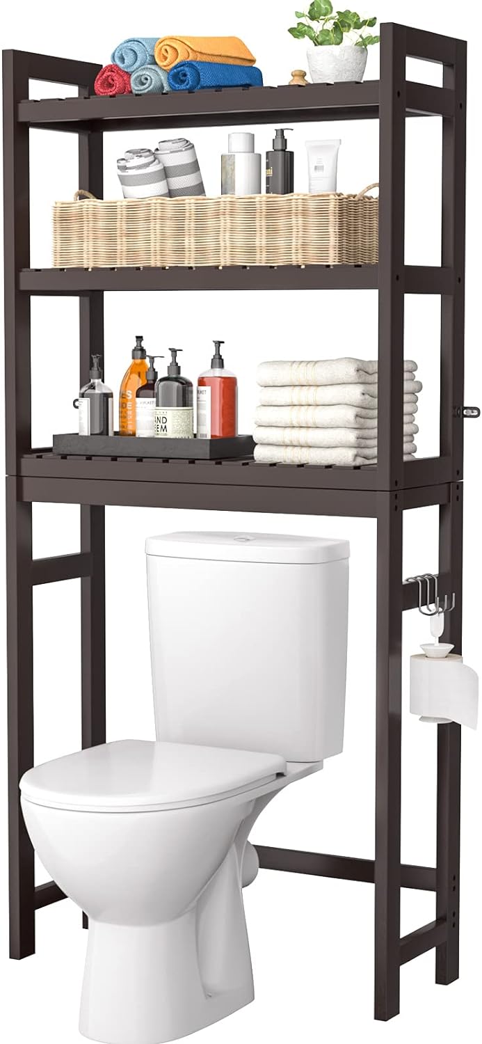 Homykic Over The Toilet Storage, Bamboo 3-Tier Over-The-Toilet Space Saver Organizer Rack, Stable Freestanding Above Toilet Stand with 3 Hooks for Bathroom, Restroom, Laundry, Espresso