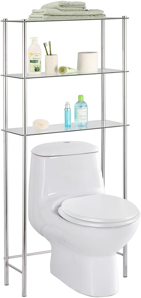 Home Basics 3 Tier Shelf Over The Toilet Space Saver with Tempered Glass Shelves for Bathroom Storage and Organization, Chrome