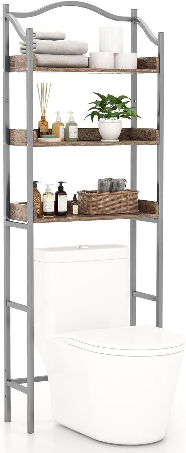 Giantex 3-Tier Over-The-Toilet Rack, Freestanding Bathroom Space Saver W/ 3 Open Shelves & Sturdy Metal Frame, Mid-Century Storage Rack for Bathroom, Laundry Room, Easy Assembly (Sliver)