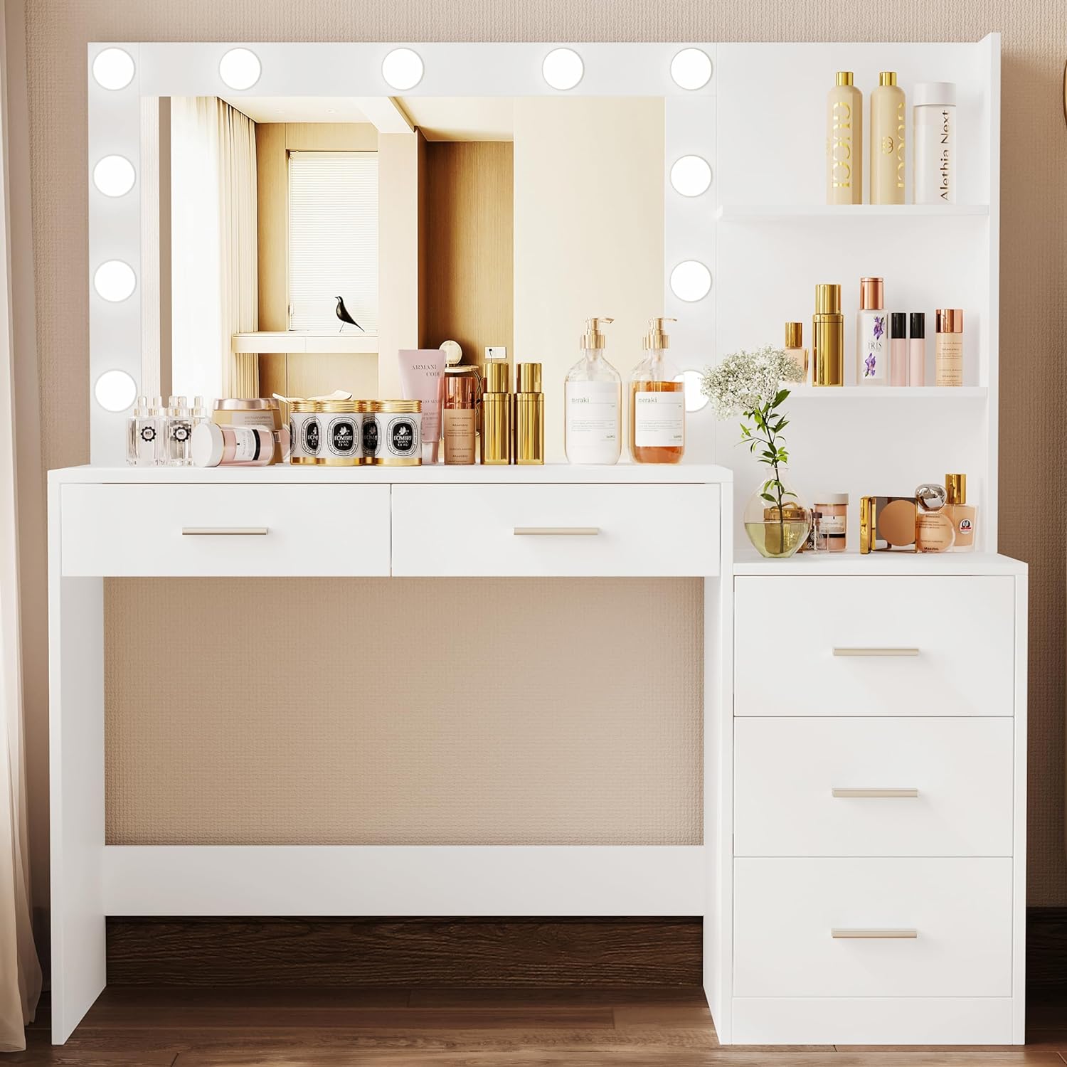 Rovaurx 46.7 Makeup Vanity Table with Lighted Mirror, Large Vanity Desk with Storage Shelf & 5 Drawers, Bedroom Dressing Table, 11 LED Lights, White RSZT106W