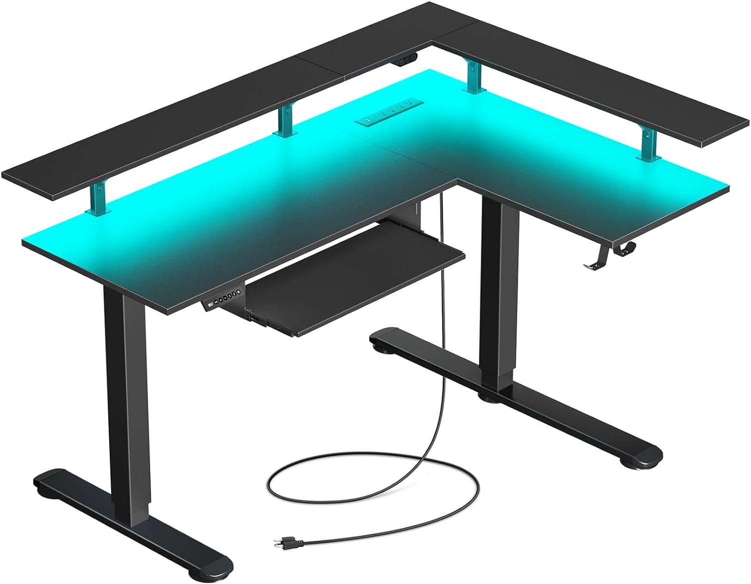 Rolanstar L Shaped Standing Desk with LED Light and Power Outlet, Dual Motor Height Adjustable Electric Standing Desk with Monitor Stand & Keyboard Tray, 61.2 Sit Stand Desk Black