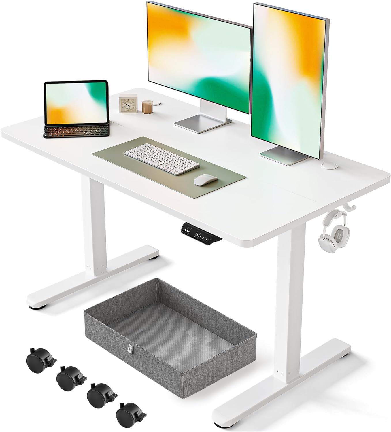 FEZIBO Standing Desk with Drawer, Adjustable Height Electric Stand up Desk, 48 x 24 Inches Sit Stand Home Office Desk, Ergonomic Workstation White Steel Frame/White Tabletop