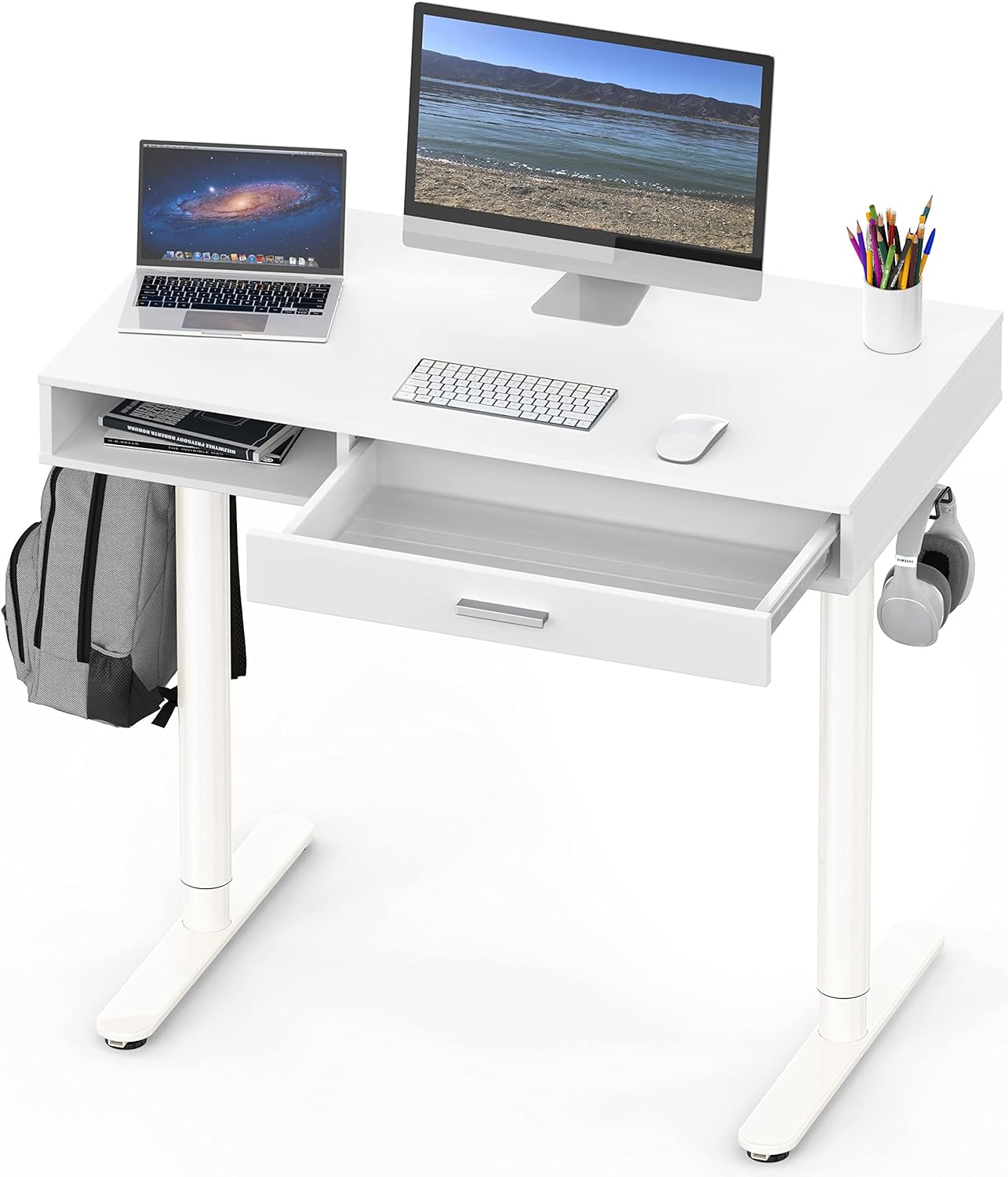 SHW Claire 40-Inch Height Adjustable Electric Standing Desk with Drawer, White