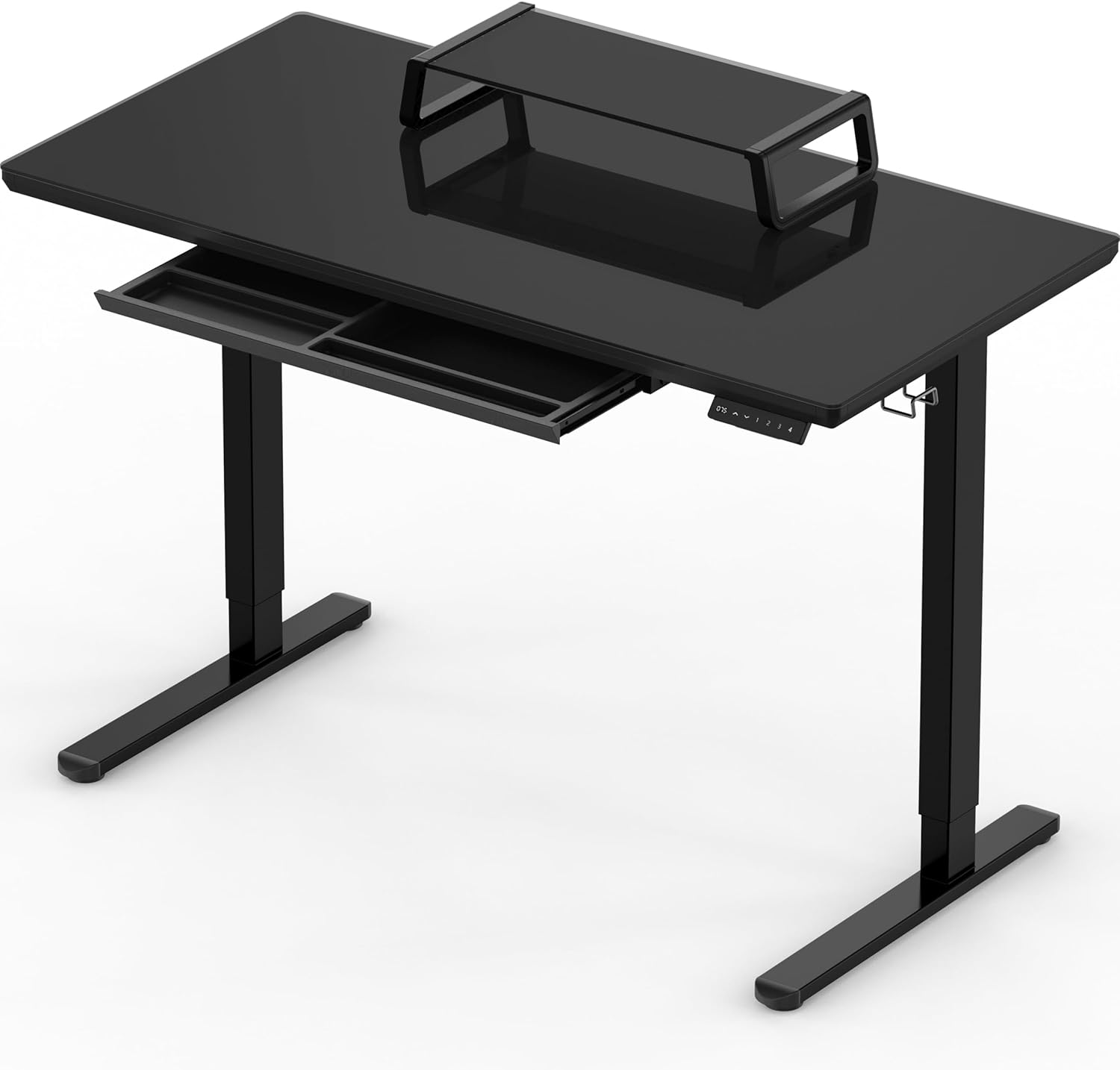 SHW 48-Inch Glass Electric Height Adjustable Desk with Monitor Riser and Drawer, Black