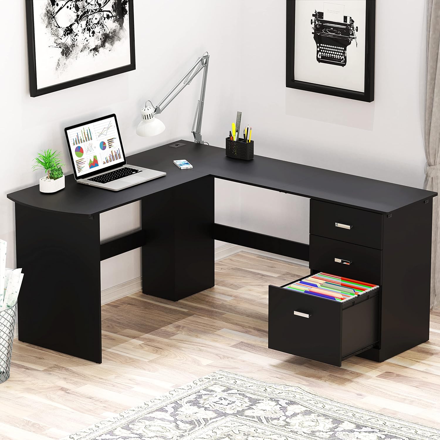 SHW L-Shaped Home Office Wood Corner Desk with 3 Drawers