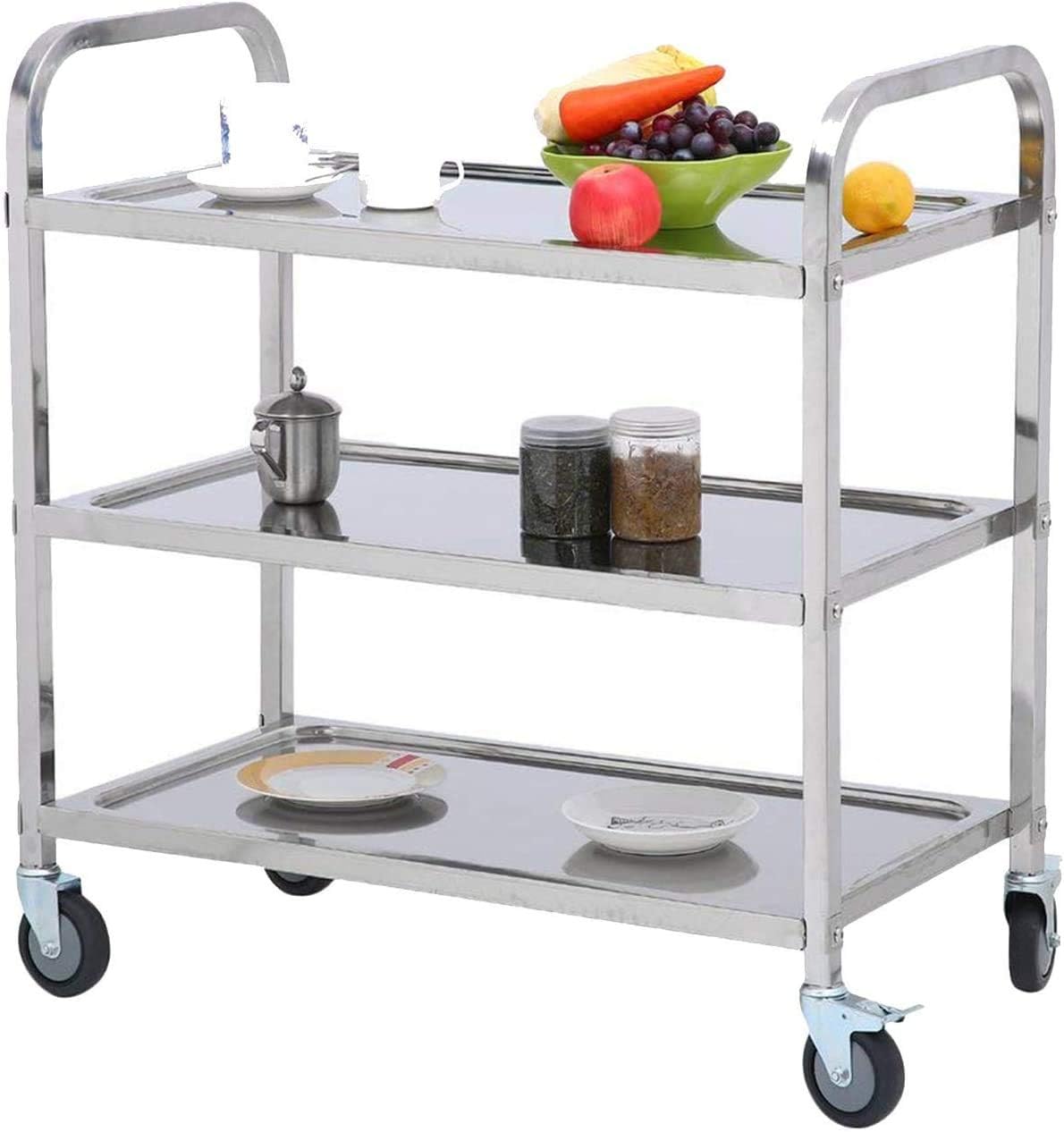 3 Shelf Stainless Steel Cart Heavy Duty Industrial Serving cart with 360Rotation Wheels Kitchen Island Stainless Steel Storage Trolley for Hotel Restaurant Home Use