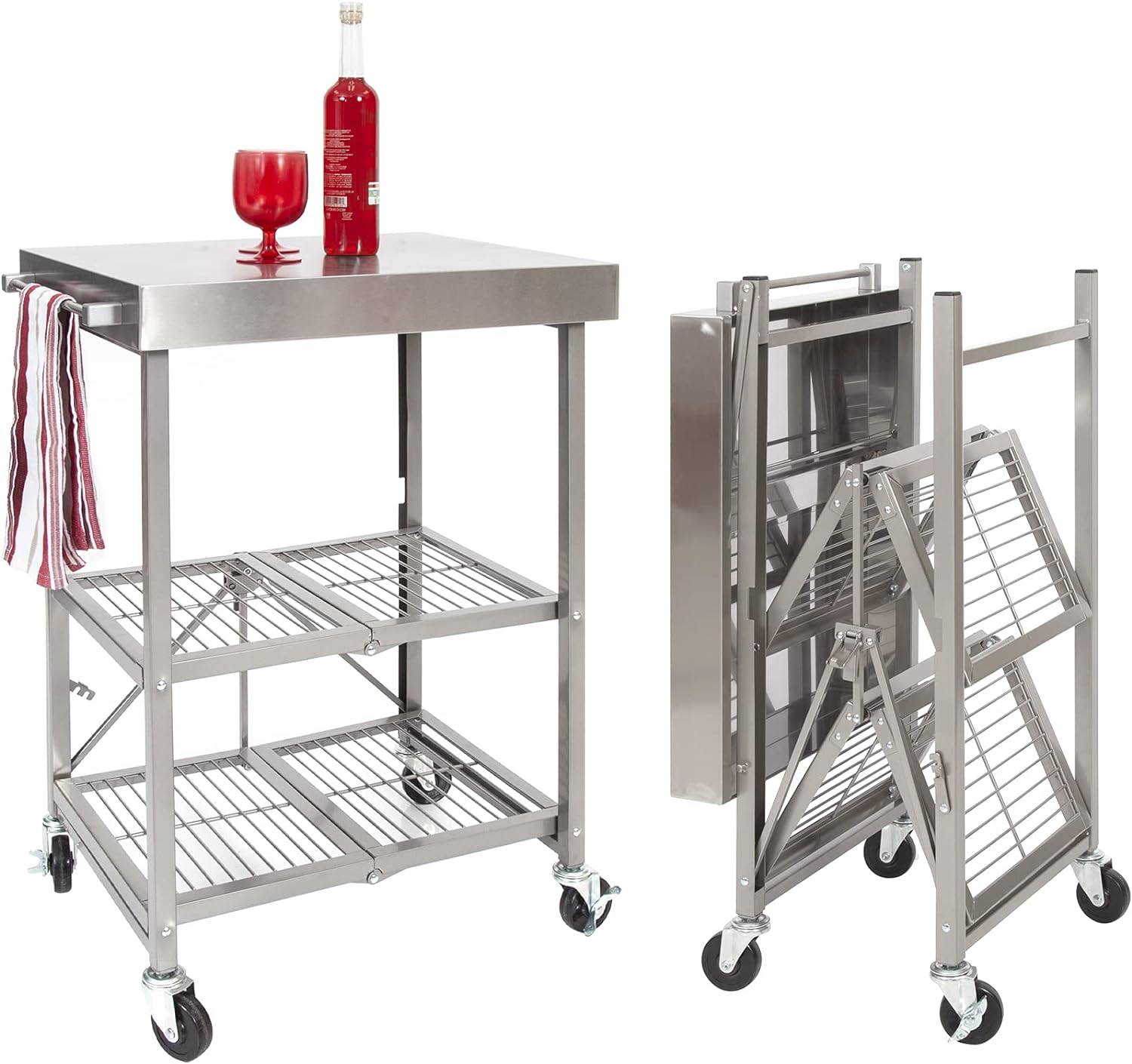 Origami Stainless Steel Table with Wheels, 3-Tier Foldable Rolling Cart Made of Commercial-Grade Metal - Stainless Steel Kitchen Island Design for Chefs Food Prep