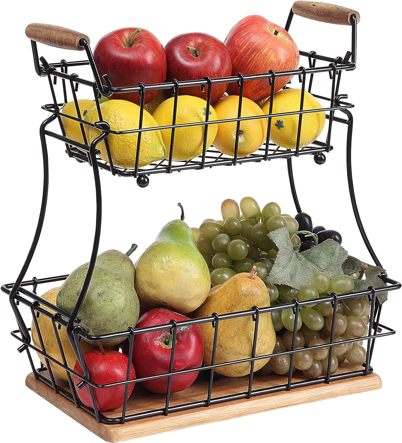 SunnyPoint 2-Tier Rectangle Countertop Fruit, Bread Wire Basket (Black, Metal + Wood base)