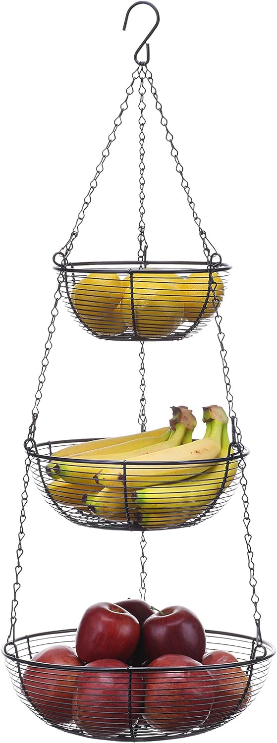 SunnyPoint 3 Tier hanging Fruit Basket, Black Coating