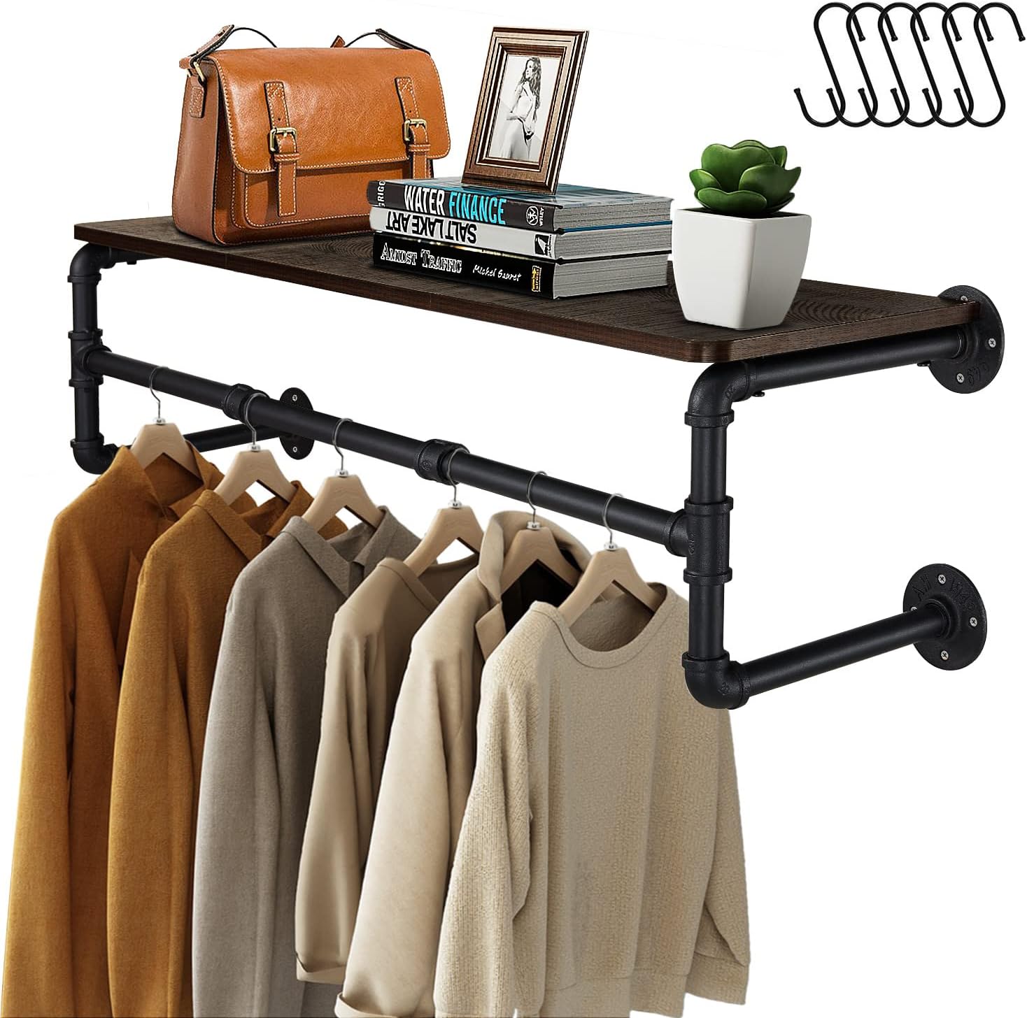 GREENSTELL Clothes Rack with Top Shelf, 41in Industrial Pipe Wall Mounted Garment Rack, Space-Saving Display Hanging Clothes Rack, Heavy Duty Detachable Multi-Purpose Hanging Rod for Closet Storage