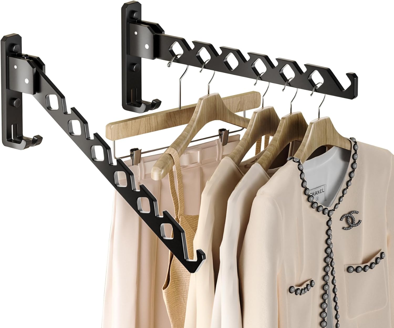 Wall Mount Coat Hanger Holder Black Clothes Drying Organizer Rack Garment Hooks Aluminium Retractable Folding Indoor Wall Mounted Hanger Space Saver for Laundry Room Bedroom Black 2Pack