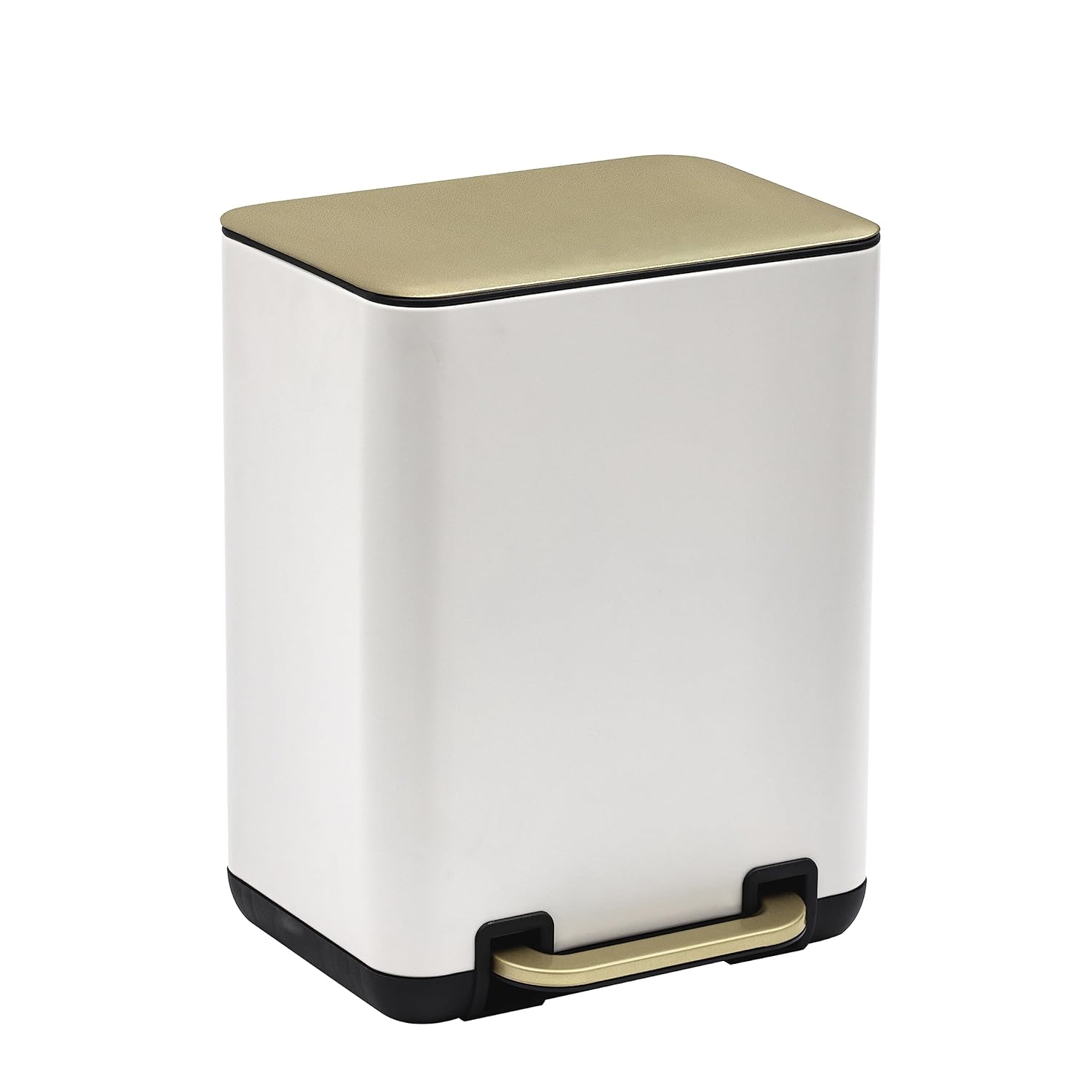 SunnyPoint 6 Liter / 1.58 Gallon Trash Can with Plastic Inner Buckets; Rectangle Bathroom, Office, Kitchen, and Bedroom Step On and Slow Close (WHT+Gold)