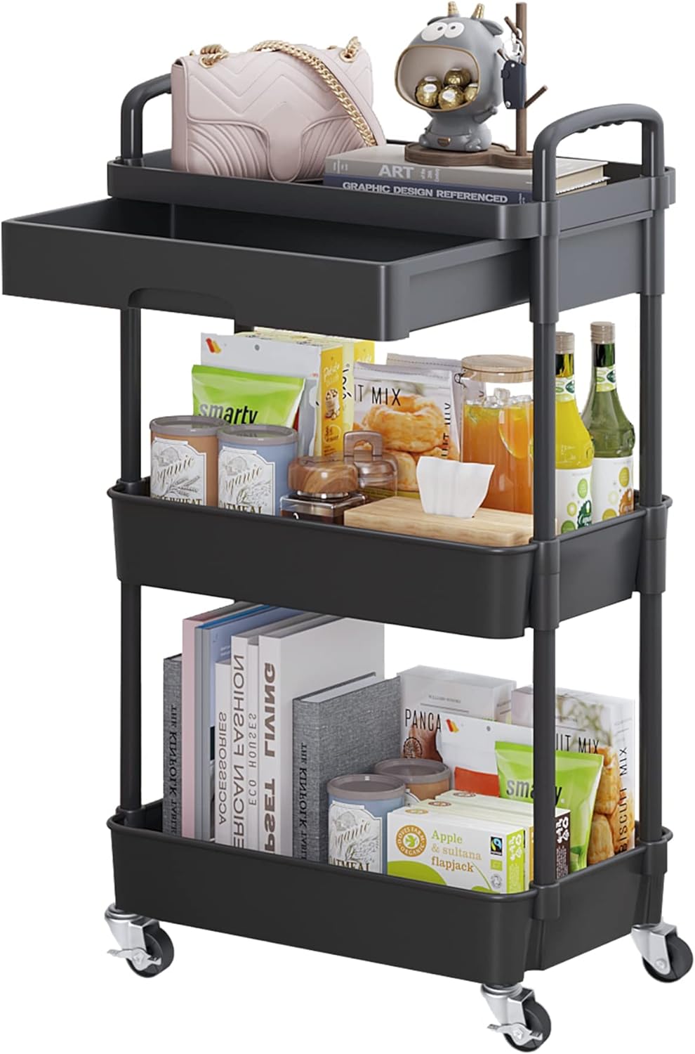 3-Tier Rolling Utility Cart with Drawer,Multifunctional Storage Organizer with Plastic Shelf & Metal Wheels,Storage Cart for Kitchen,Bathroom,Living Room,Office,Black