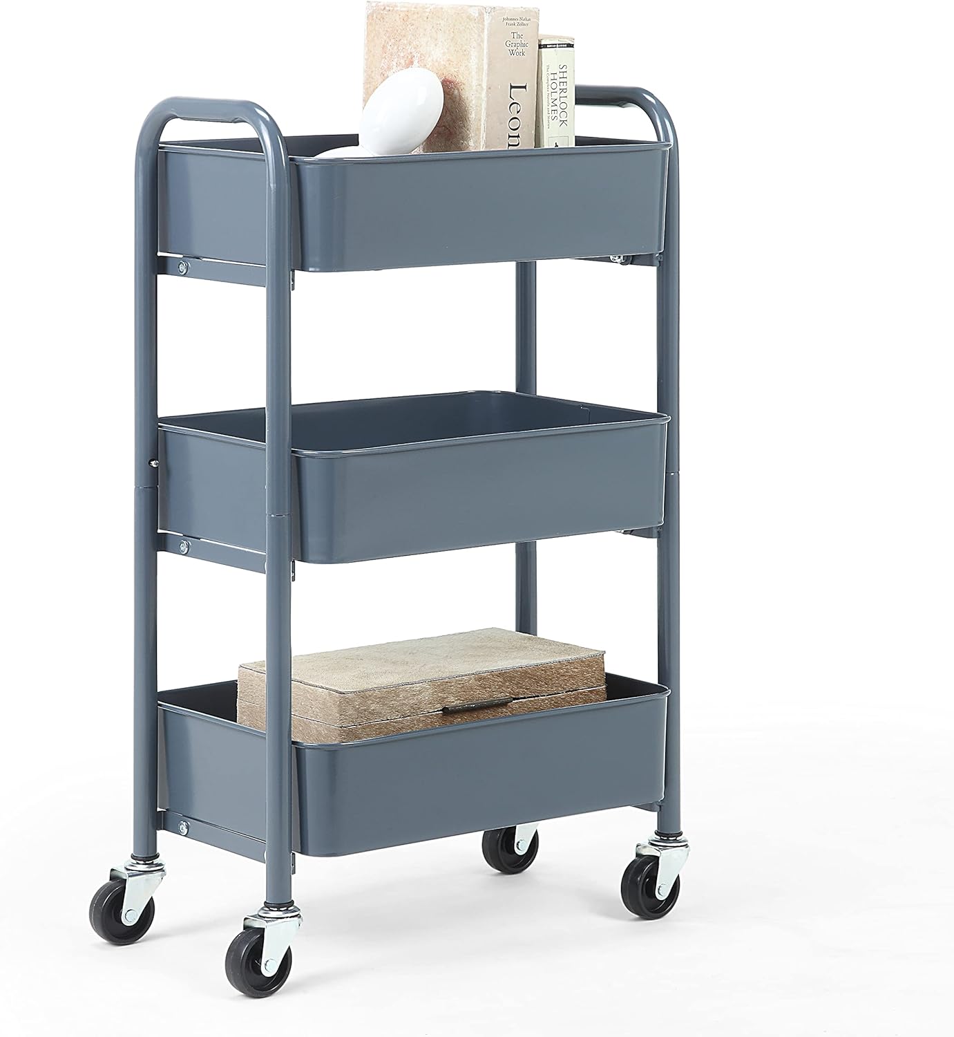 SunnyPoint 3-Tier Delicate Compact Rolling Metal Storage Organizer - Mobile Utility Cart Kitchen/Under Desk Cart with Caster Wheels (Blue, Compact (15.5 X 26.8 X 10.27))