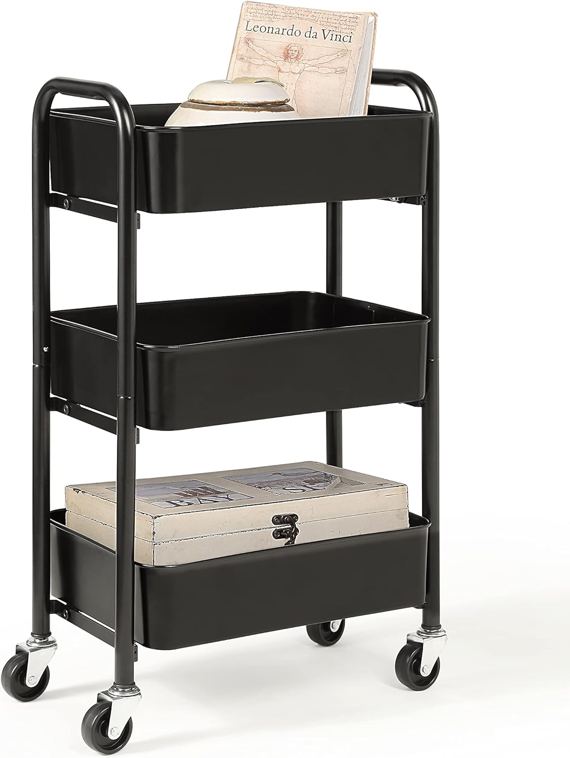 SunnyPoint 3-Tier Delicate Compact Rolling Metal Storage Organizer - Mobile Utility Cart Kitchen/Under Desk Cart with Caster Wheels (BLK, Compact (15.5 X 26.8 X 10.27))