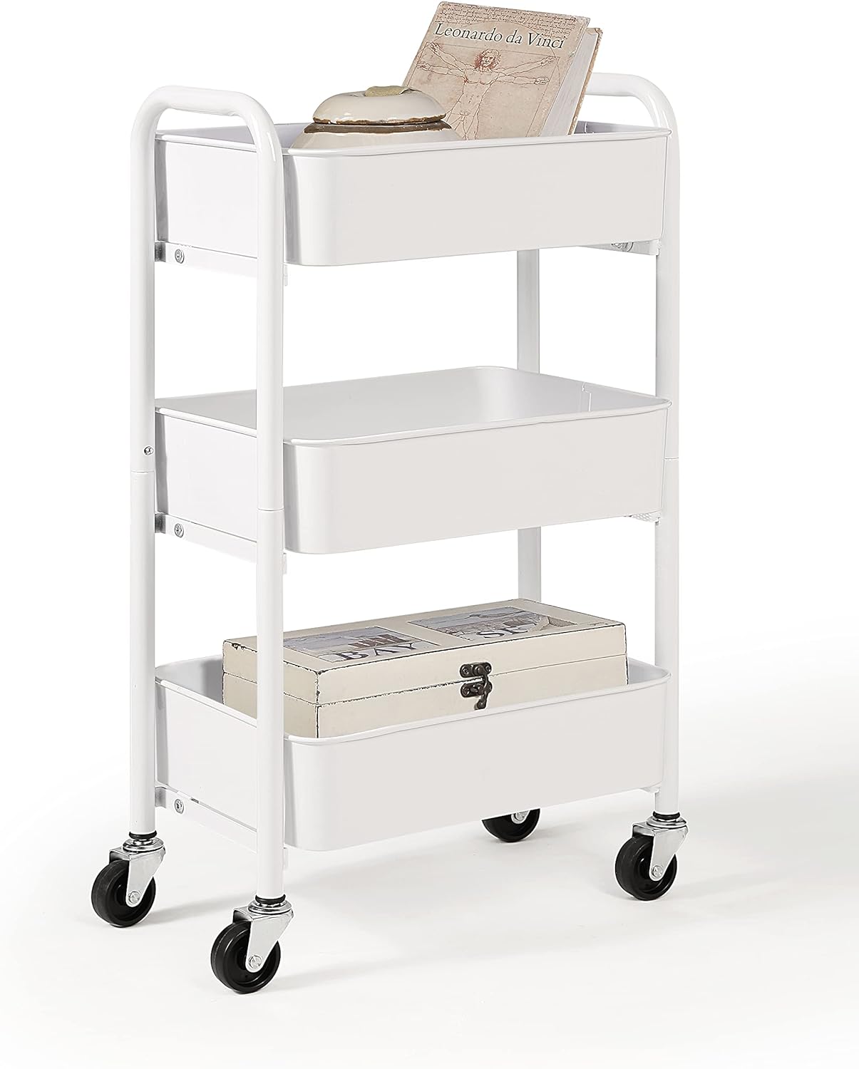 SunnyPoint 3-Tier Delicate Compact Rolling Metal Storage Organizer - Mobile Utility Cart Kitchen/Under Desk Cart with Caster Wheels (WHT, Compact (15.5 X 26.8 X 10.27))