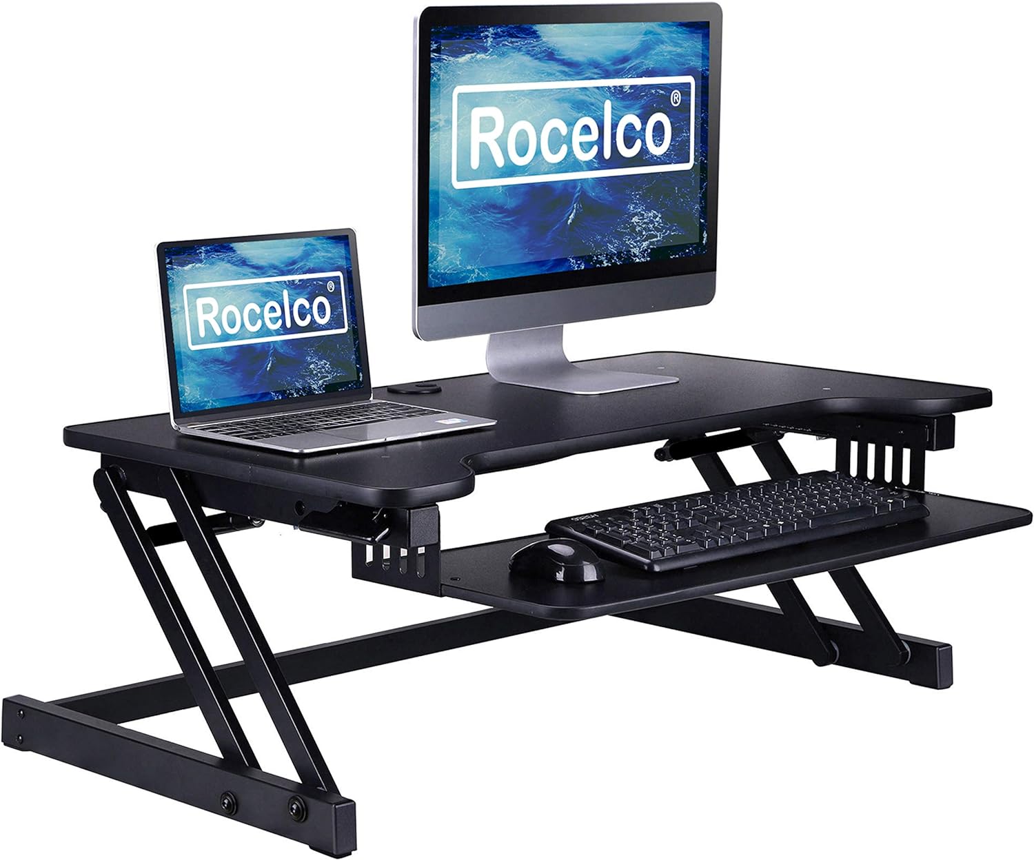 Rocelco 37.5 Deluxe Height Adjustable Standing Desk Converter - Quick Sit Stand Up Dual Monitor Riser - Gas Spring Assist Computer Workstation - Large Retractable Keyboard Tray - Black (R DADRB)