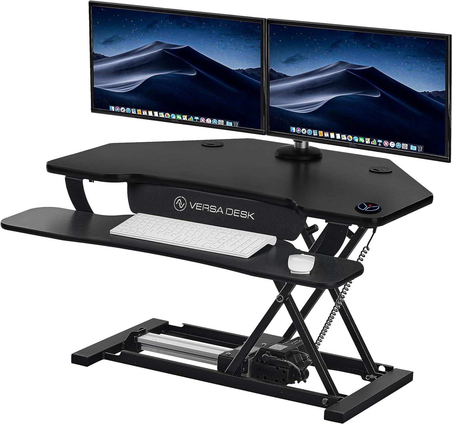 VERSADESK Electric Corner Standing Desk Converter, 36 PowerPro Motorized Height-Adjustable Standup Desk Riser Sit to Stand Desktop with Keyboard and Mouse Tray   USB Charging Port, Black