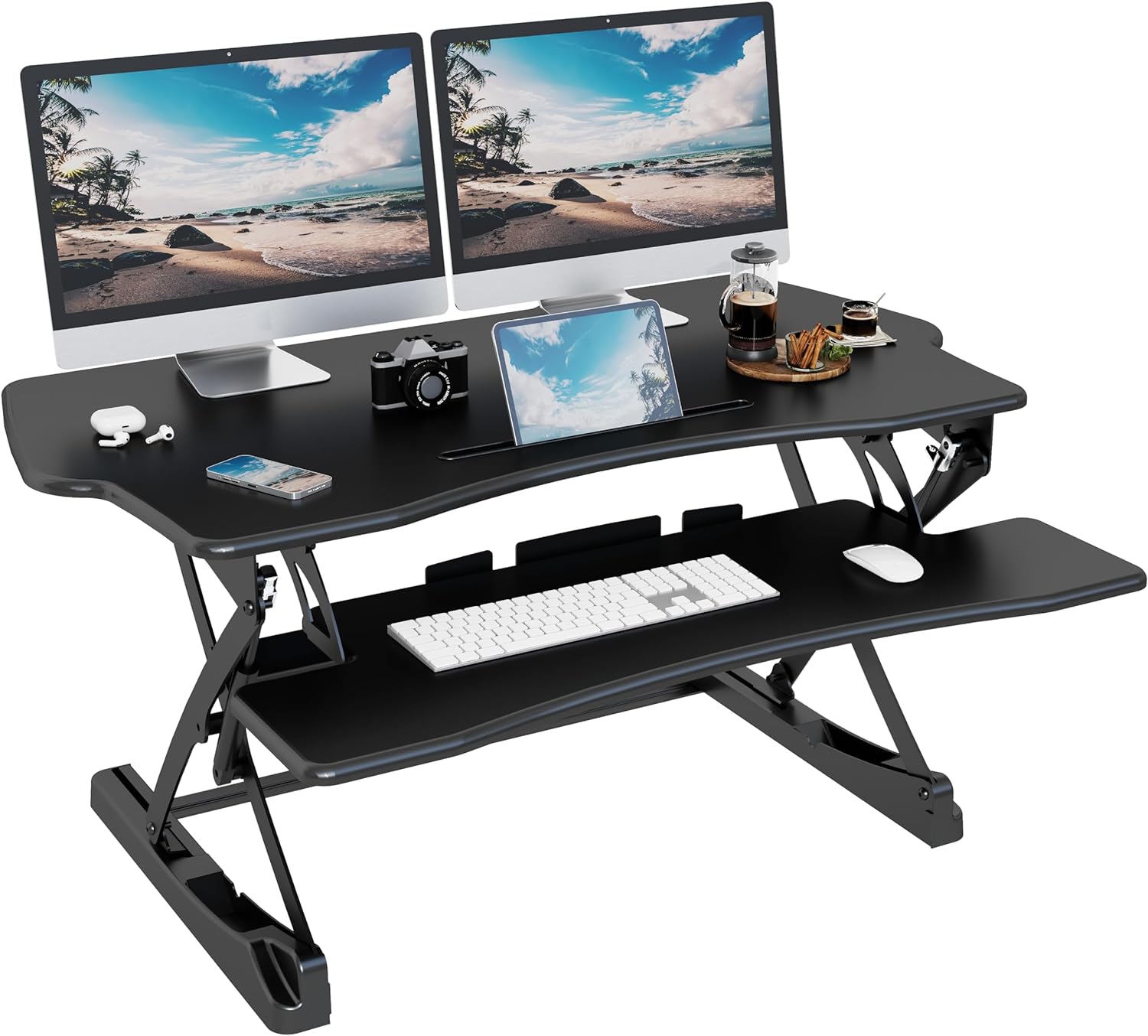 Standing Desk Converter, 40 Height Adjustable Sit Stand Desk Riser for Dual Monitors with Keyboard Tray, Black, SD10-40M-BK