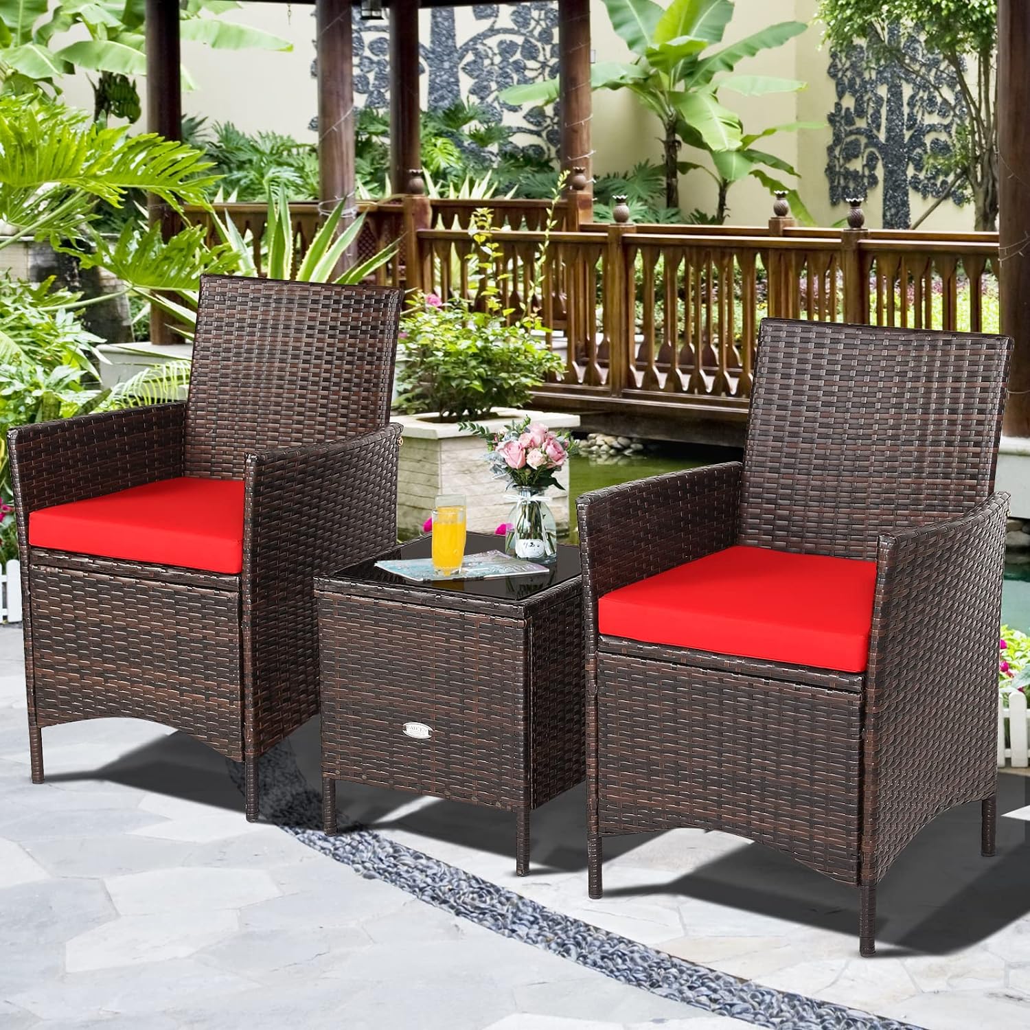 3 Pieces Patio Furniture Set, Wicker Outdoor Furniture with Water-Resistant Cushion & Tempered Glass Top Table, Conversation Set Bistro Set for Porch, Balcony, Backyard (Red)