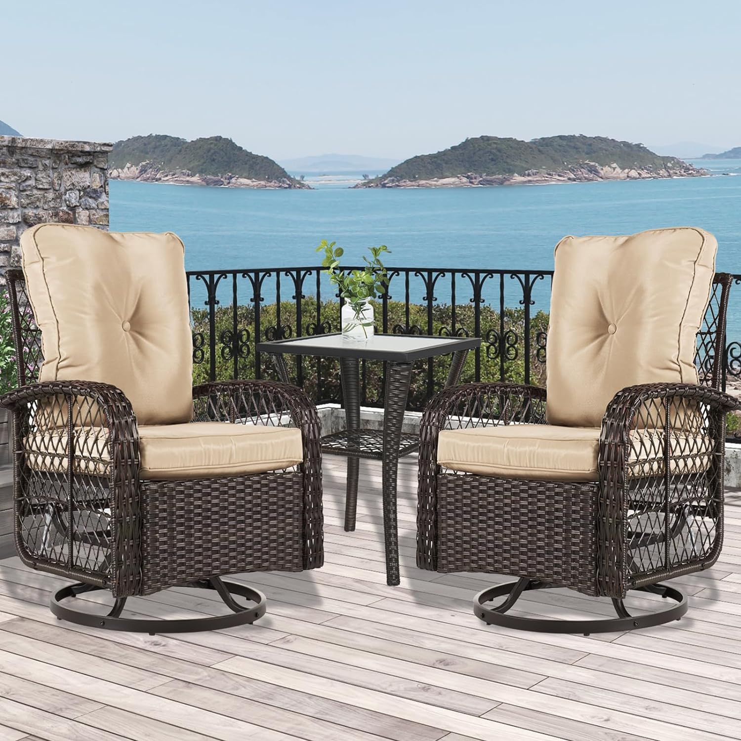 Aoxun Outdoor Swivel Rocker, 3 Pieces Patio Furniture Set Wicker Bistro Set with Rattan Rocking Chair, Side Table with Glass Tabletop, Thickened Soft Cushions for Backyard, Beige