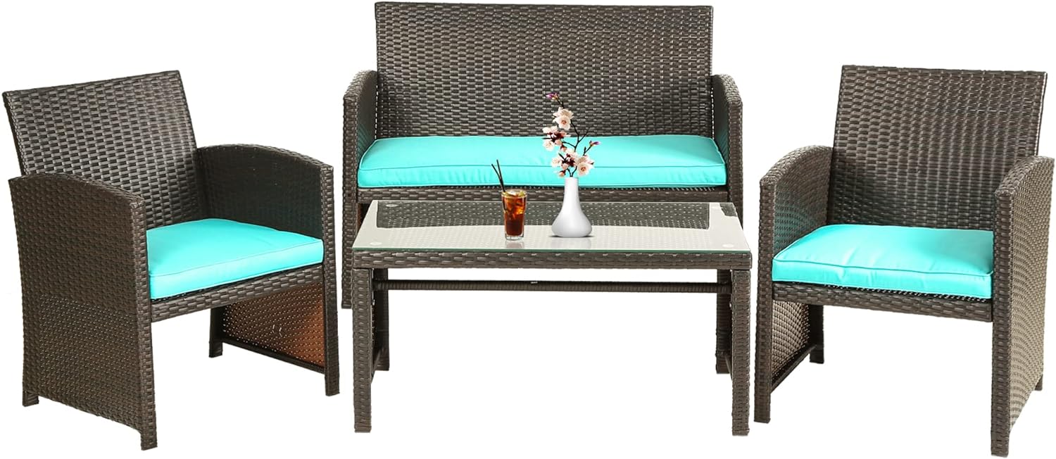 Patio Furniture Set Outdoor Furniture Wicker Conversation Set Rattan Outdoor Chairs Loveseats with Cushion Glass Table for Outdoor Indoor Use Poolside Lawn Porch Balcony Garden (Brown and Blue)