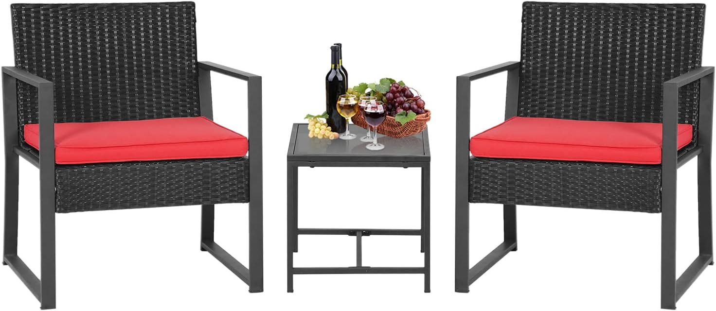 FDW Patio Furniture Sets 3 Piece Outdoor Bistro Set Wicker Patio Chairs Rattan Outdoor Furniture for Backyard Porch Poolside Lawn,Red Cushion