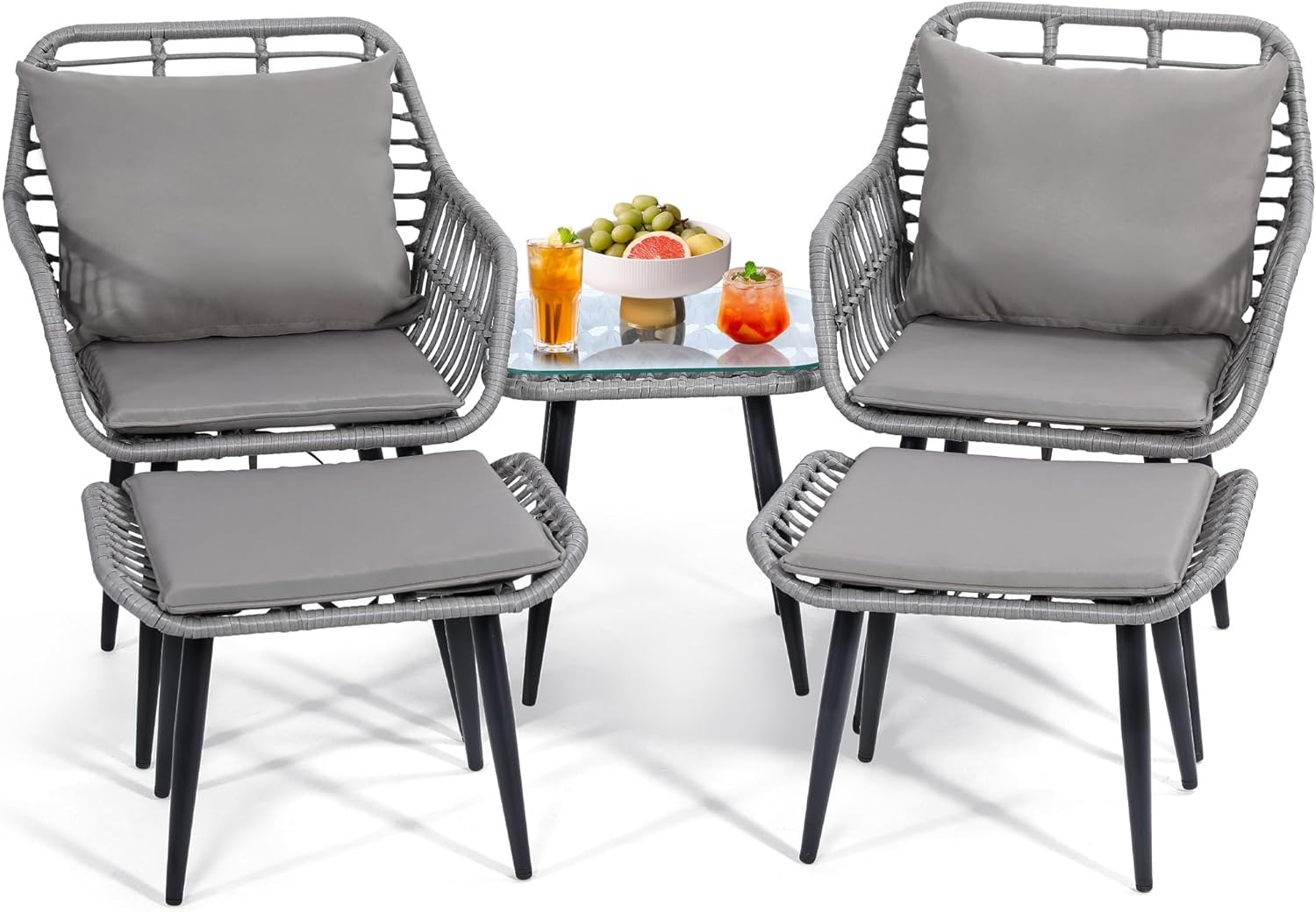 Outdoor Wicker Chairs and Table Bistro Conversation Furniture Set, 5 Pieces with Ottoman for Porch, Balcony, Deck, Patio, Backyard, Grey Color