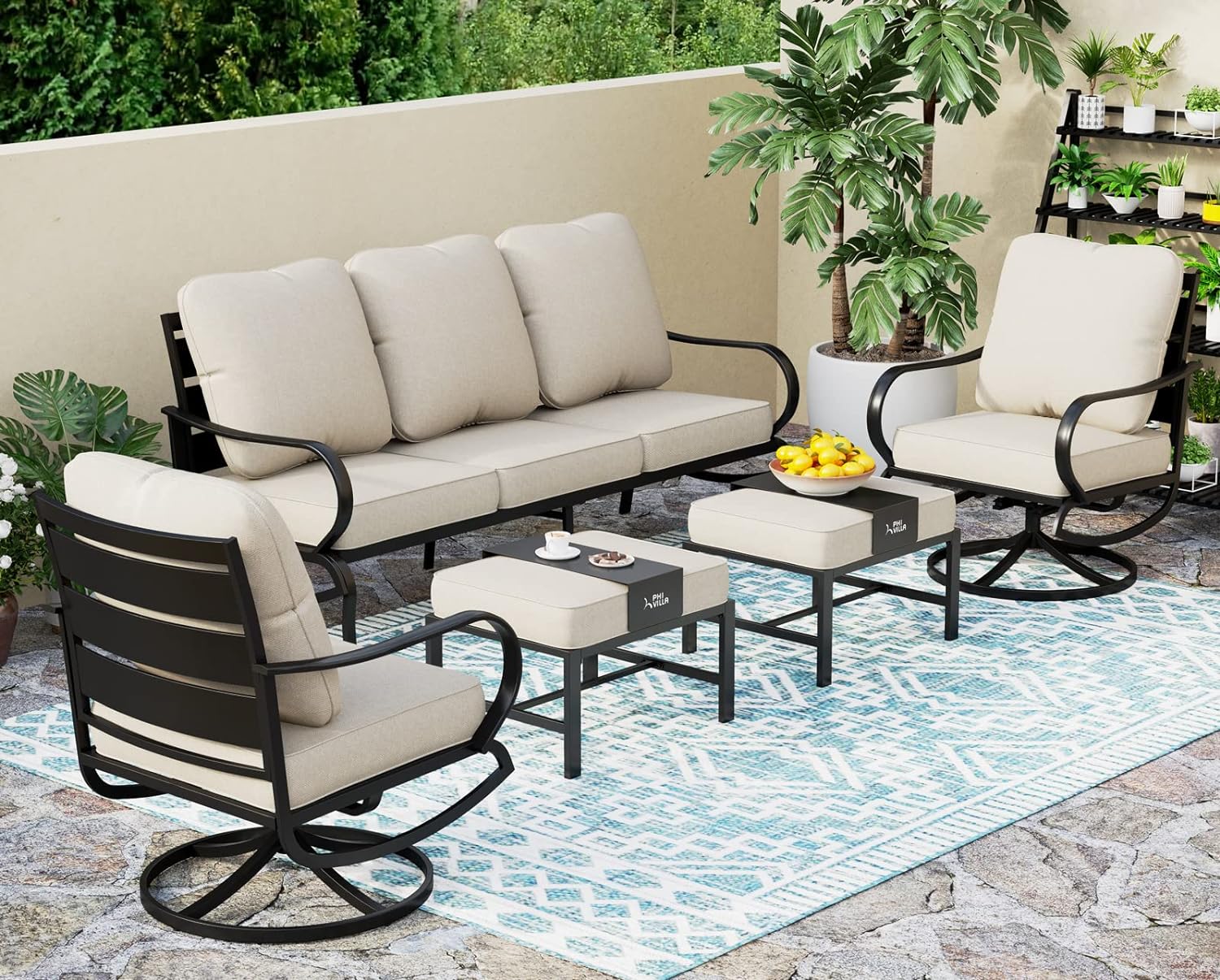 PHI VILLA 5 PCS Patio Furniture Sets with 1 x 3 Seater 5.75 Cushioned Deep Seating Bench, 2 x Swivel Sofa Chairs & 2 x Metal Cushioned Ottoman, Outdoor Furniture Deluxe Patio Set for Garden