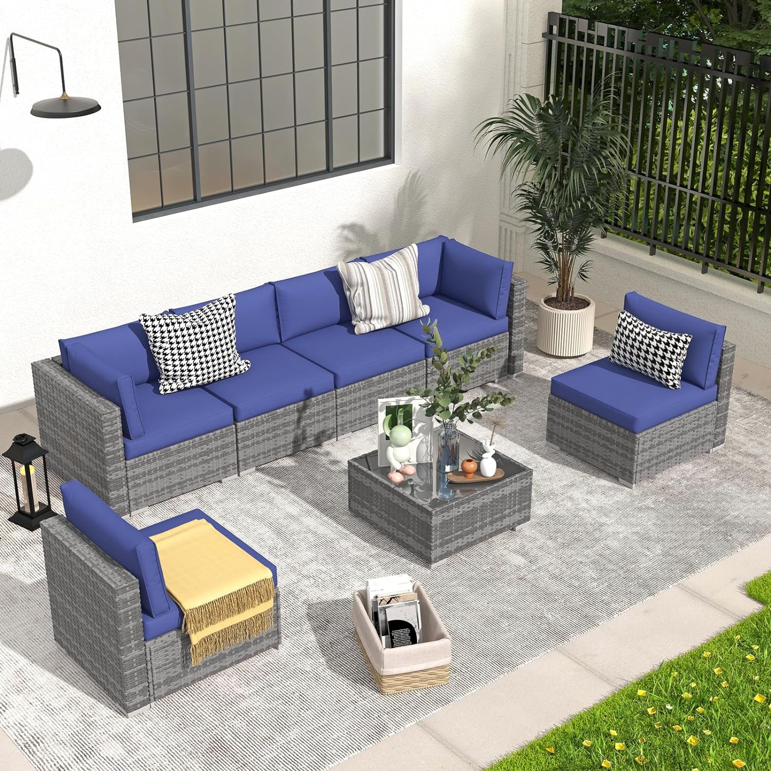 Patiorama 7 Pieces Outdoor Patio Furniture Set, All Weather Grey PE Wicker Rattan Sectional Conversation Set, Porch Garden W/Built-in Glass Table, Seat Clips, Navy Blue Cushions