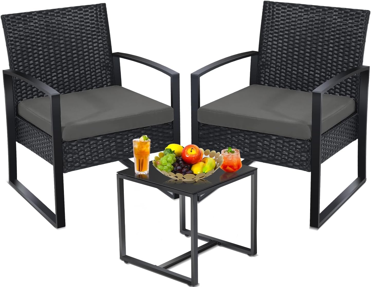 3 Pieces Patio Outdoor Wicker Bistro Furniture Set, Conversation Set, 2 Chairs Plus Table, for Porch, Balcony, Patio, Black Frame with Grey Cushion