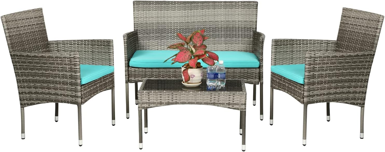 FDW Patio Conversation Set 4 Pieces Outdoor Furniture Set Wicker with Rattan Chair Loveseats Coffee Table for Outdoor Indoor Garden Backyard Porch Poolside Balcony,Gray Wicker/Blue Cushions