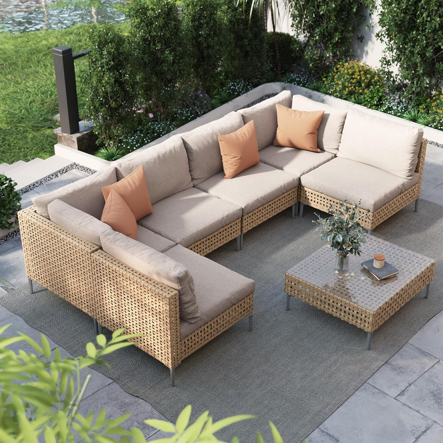 Grand patio 7-Piece Wicker Patio Furniture Set, All-Weather Outdoor Conversation Set Sectional Sofa with Water Resistant Beige Thick Cushions and Coffee Table