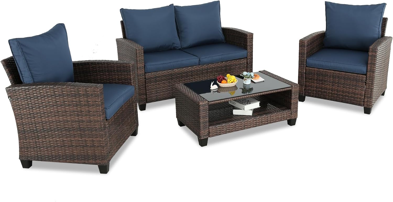 4 Pieces Patio Furniture Sets Outdoor Sectional Wicker Set Outdoor Conversation Set Patio Set Patio Loveseats with Coffee Table Porch, Poolside, Terrace, and Yard (Z-Blue, Set of 4)