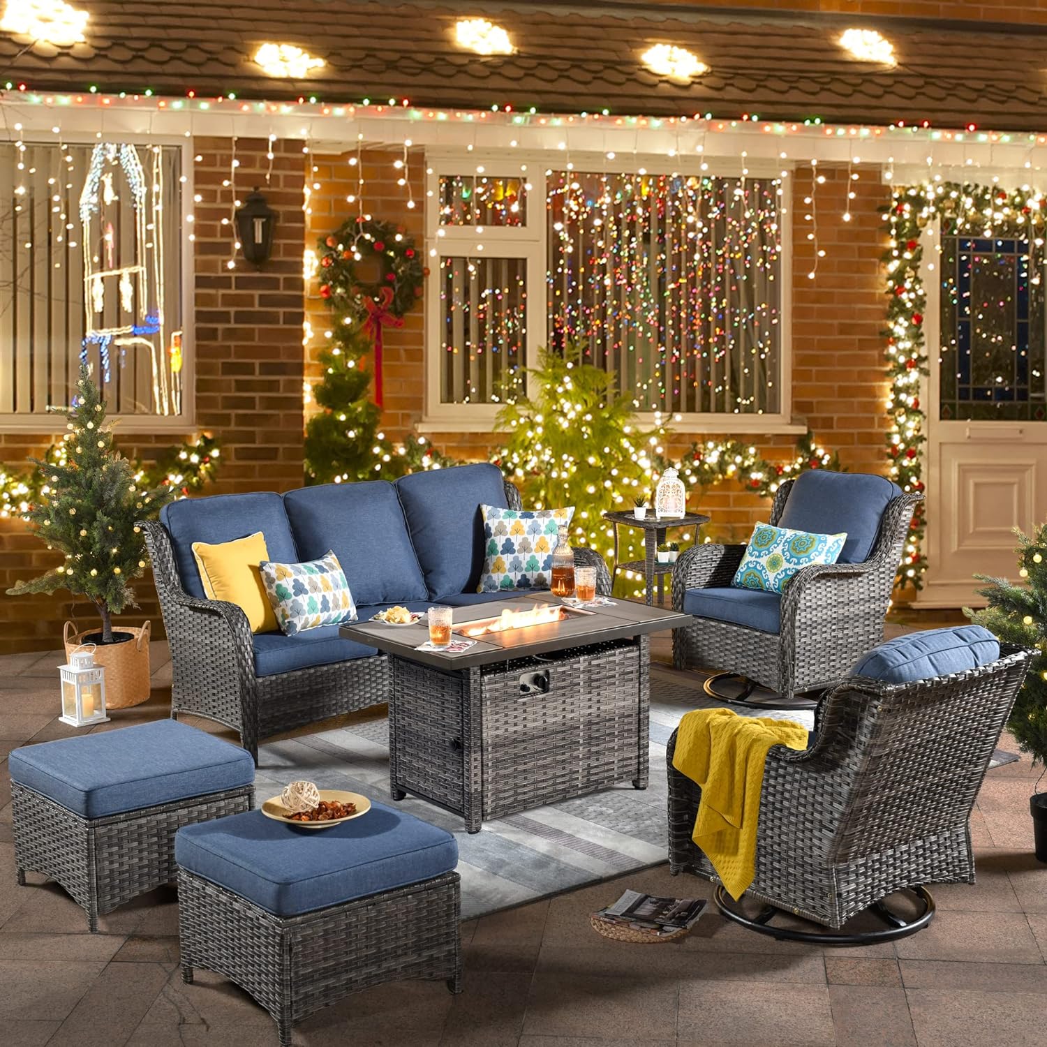 Outdoor Swivel Rocking Chairs Patio Furniture Set with 50,000 BTU Rectangular Propane Fire Pit Table 7 Pieces High Back Conversation Sofa and Matching Side Table,Grey Rattan Denim Blue