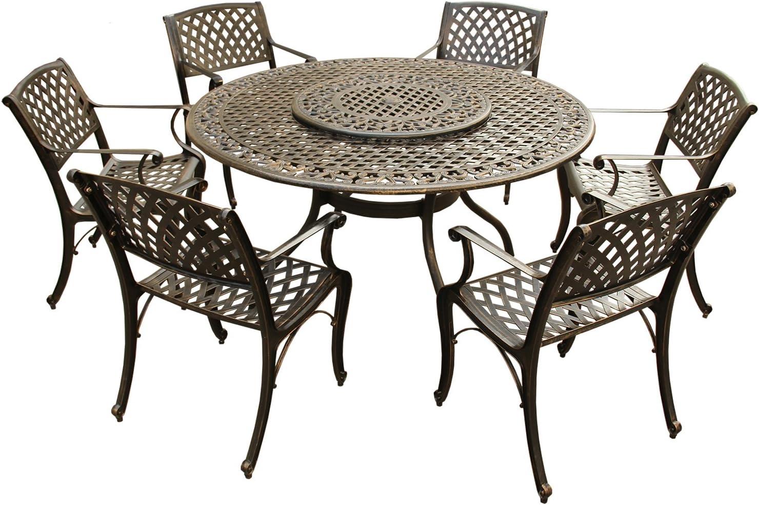Oakland Living Ornate Traditional and Modern Contemporary Mesh Lattice 59 inch Bronze Round Lazy Susan and Six Chairs Outdoor Aluminum Patio Dining Set
