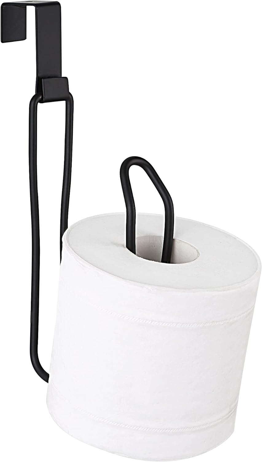 SunnyPoint Over The Tank Toilet Tissue Paper Roll Holder Dispenser and Reserve for Bathroom Storage and Organization - Metal, Hanging, Holds 1 Roll (Black)