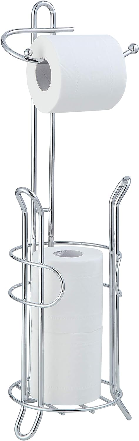 SunnyPoint Bathroom Toilet Tissue Paper Roll Storage Holder Stand with Reserve, The Reserve Area Has Enough Space to Store Mega Rolls; Chrome Finish