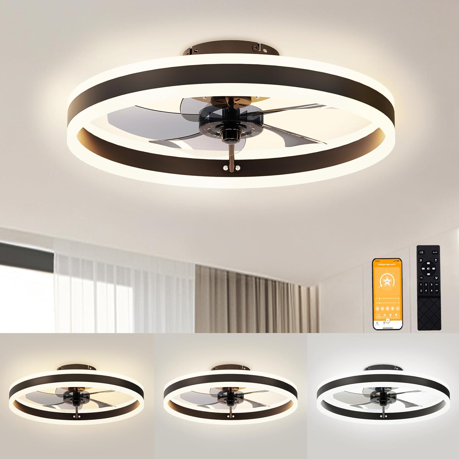 Taking down our old, traditional ceiling fan with lights was much harder to accomplish than installing this new fan! It' lightweight, all put together straight out of the box, and has so many great features!! You use a remote to dim or brighten, change from 