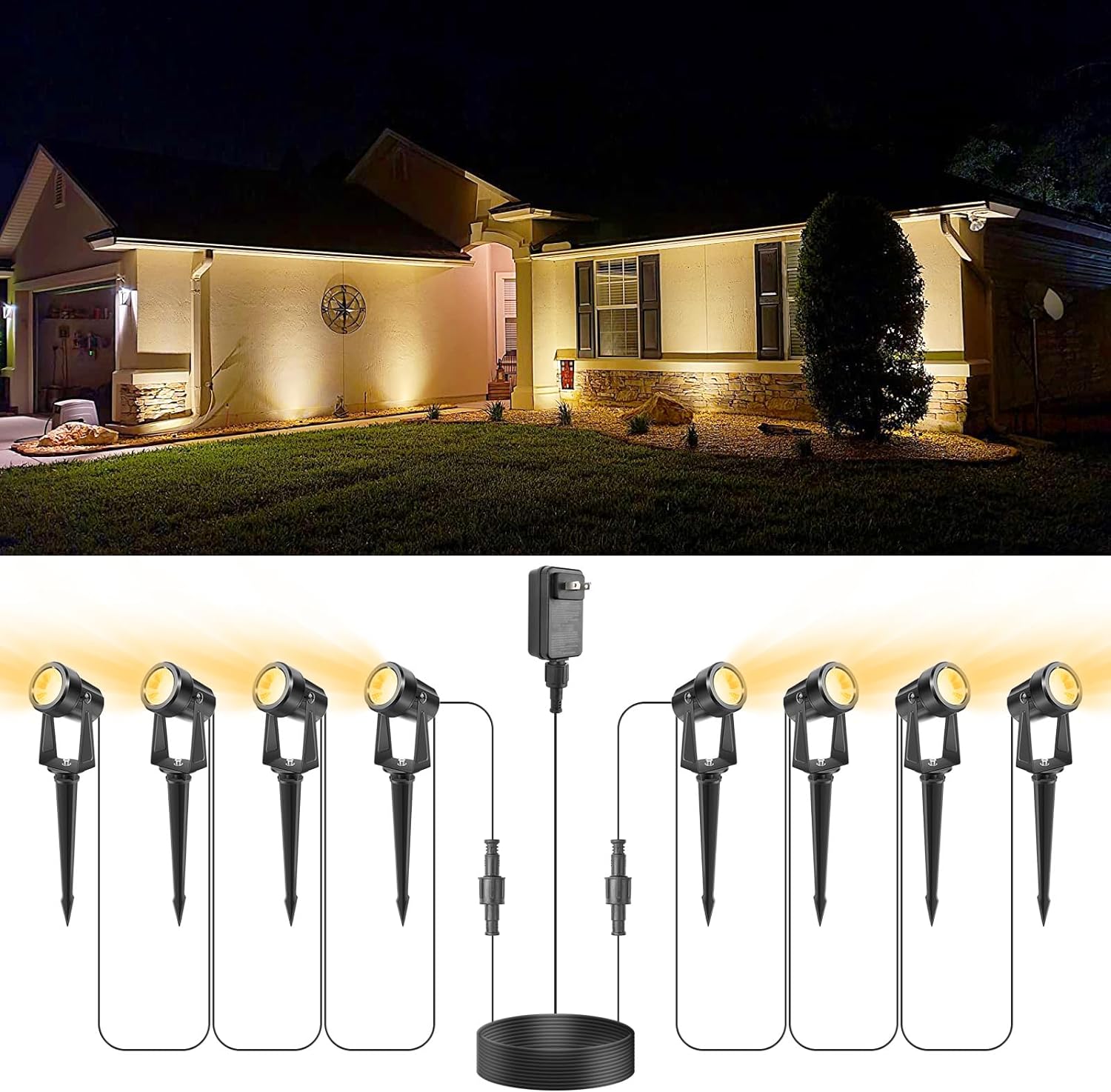 VOLISUN Christmas Outdoor Uplights,Low Voltage Landscape Spotlights with Transformer and 95.34ft Cable,IP65 Waterproof,Outdoor Uplights for House,Fence,Tree,Flags, Backyard (8 Packs, Warm White)