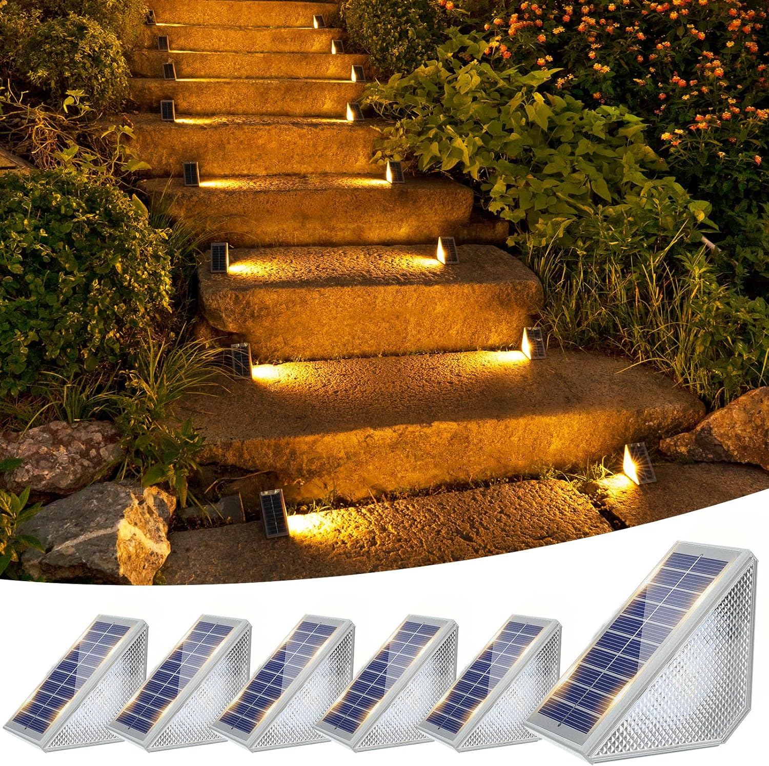 VOLISUN Solar Step Lights 6 Pack, Warm White & 7 Fixed Colors, Outdoor Stair Light Waterproof IP67, LED Outdoor Step Lights, Solar Deck Lights Decor for Stair, Front Step, Porch and Patio