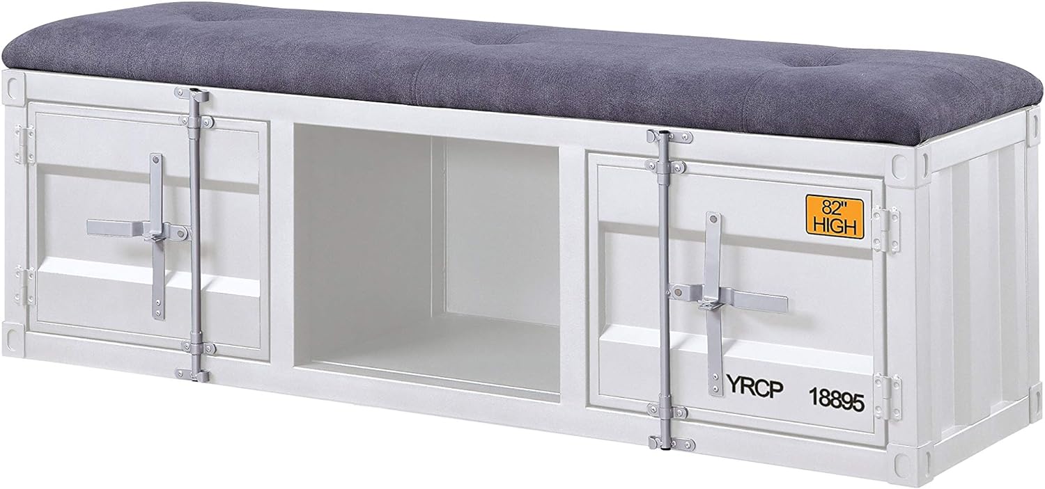 Acme Cargo Storage Bedroom Metal Bench in Gray Fabric & White