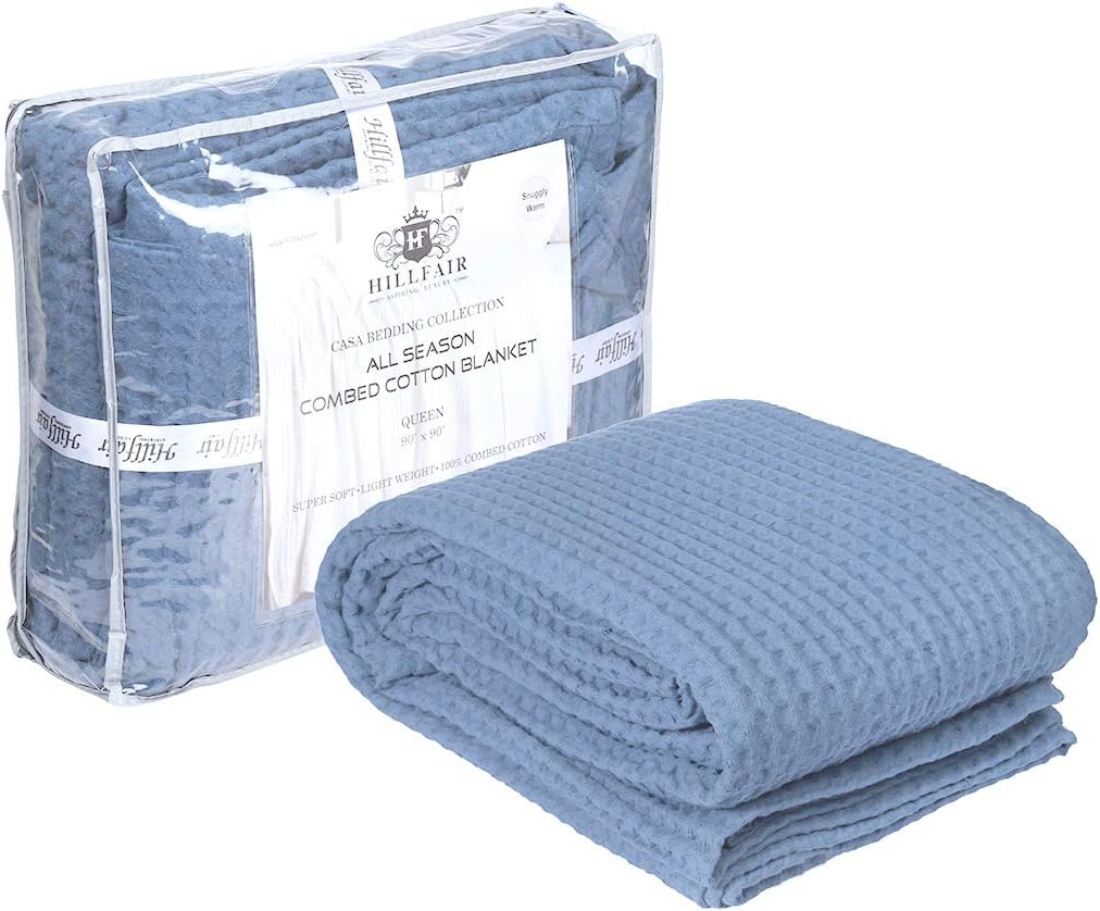 HILLFAIR 100% Combed Cotton Blanket Twin Size Bed Blankets Warm Soft All Season Breathable Lightweight Summer Blankets Waffle Weave Home Decor Bed Blanket- Blue Twin Bed Cotton Blankets/Bedcovers