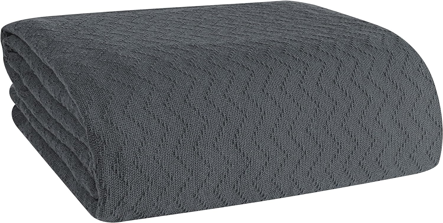 BELIZZI HOME 100% Cotton Bed Blanket, Breathable Thermal Blanket Full - Queen Size, Soft Chevron 90''x90'', Perfect for Layering Any All Season, Charcoal Grey