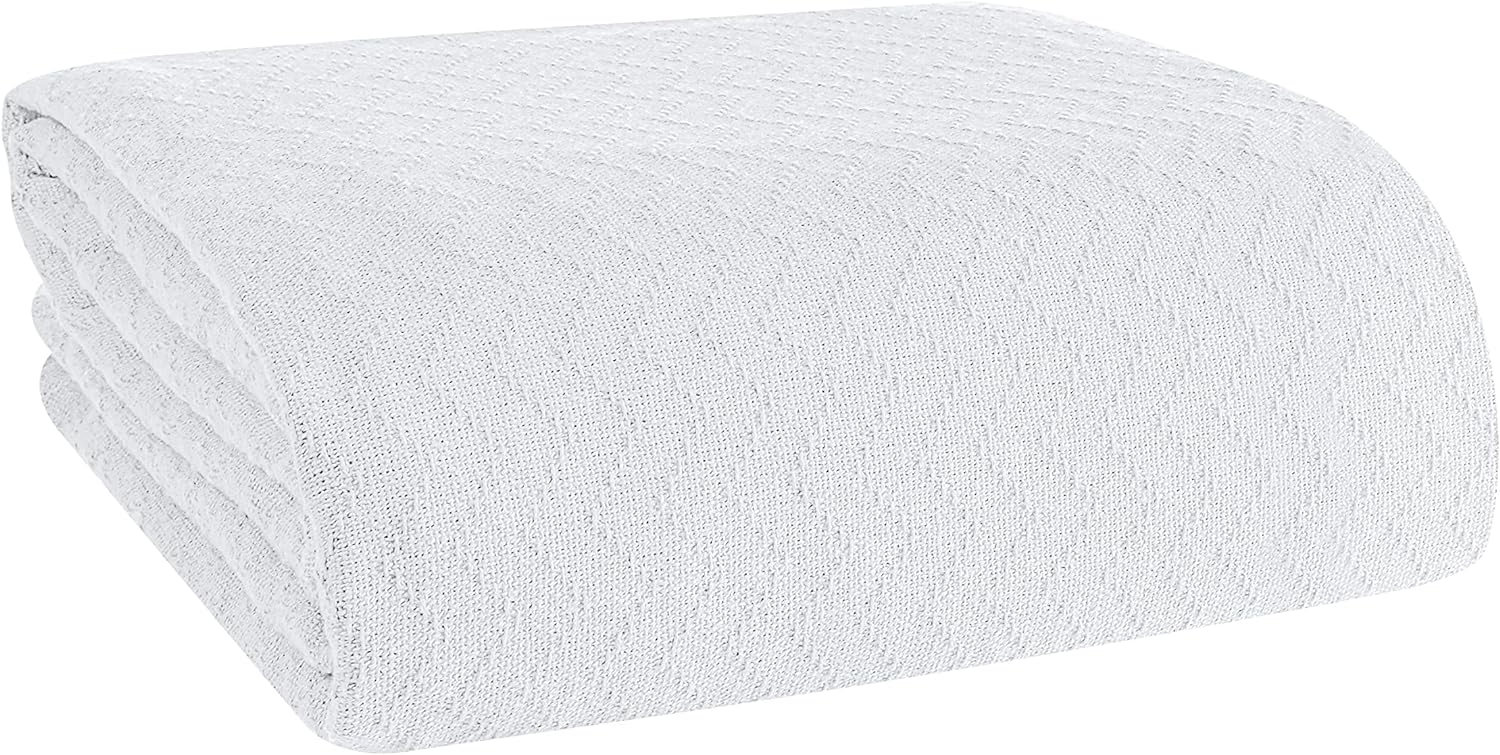 BELIZZI Home 100% Cotton Bed Blanket, Breathable Thermal Blanket Full - Queen Size, Soft Chevron Thermal Blanket 90x90, Cotton Bed Blanket, Perfect for Layering Any Bed for All Season, White